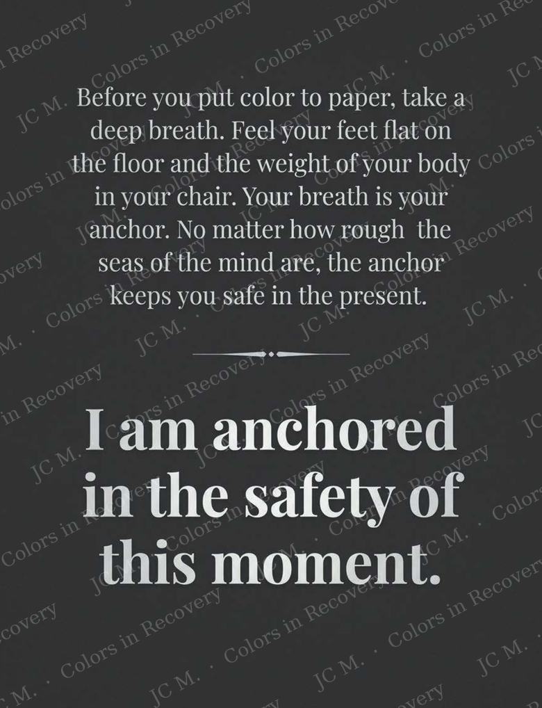A dark reflection page: a breathing passage ending with the affirmation I am anchored in the safety of this moment.