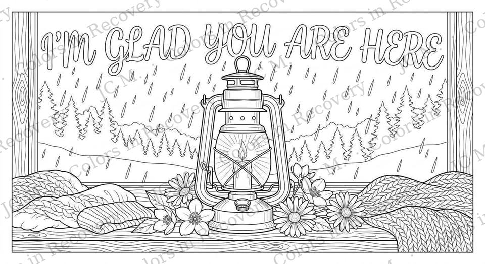 Line art of a lantern in a wooden window with daisies, rain and a pine forest, lettered I'm glad you are here.