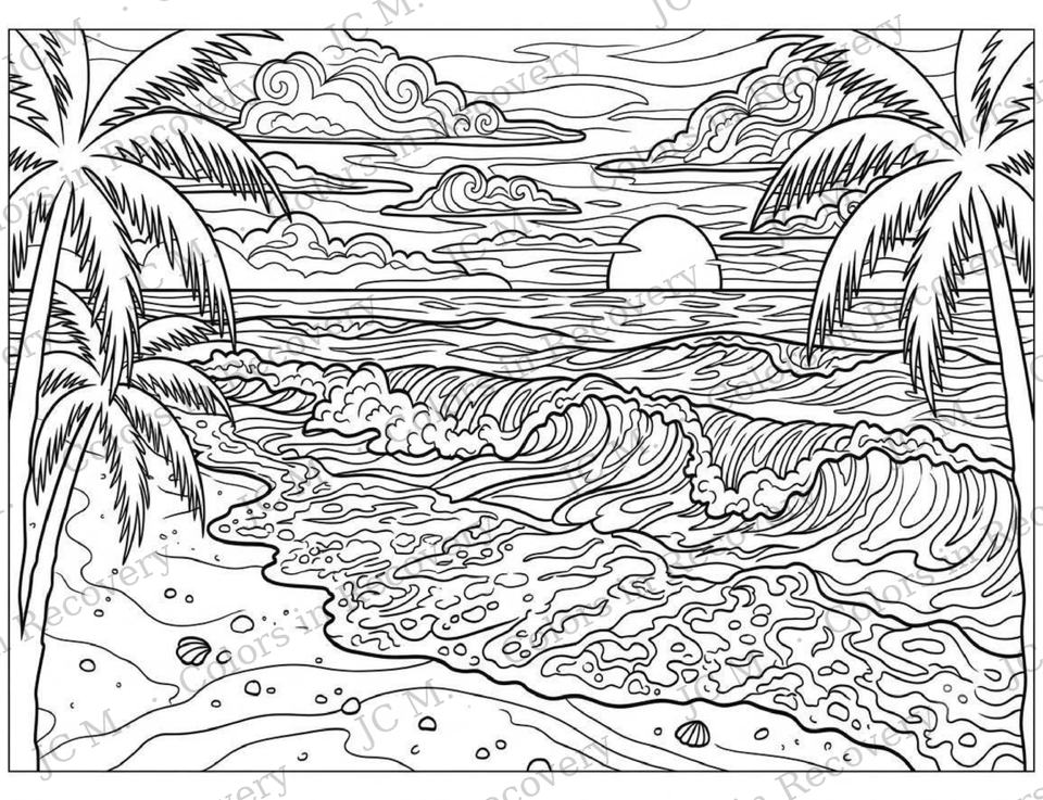 Line art of a beach with palm fronds, a low sun, surf and foam.