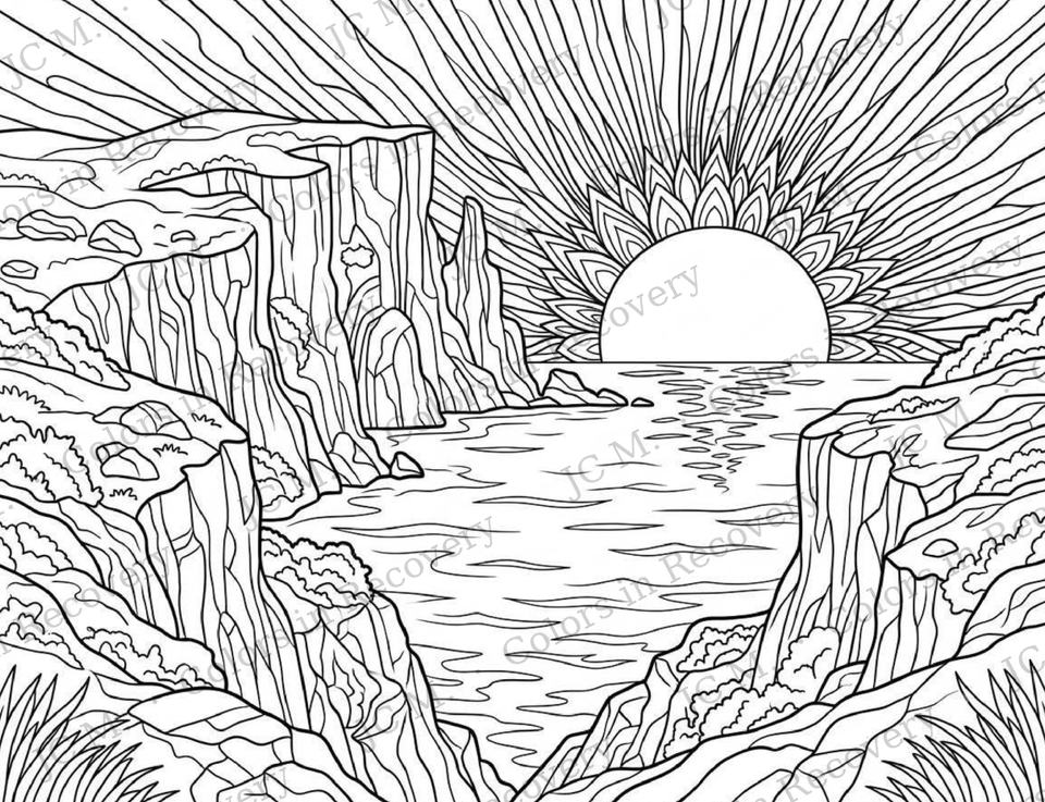 Line art of a large petaled sun above stacked rocky cliffs with its reflection on the water.