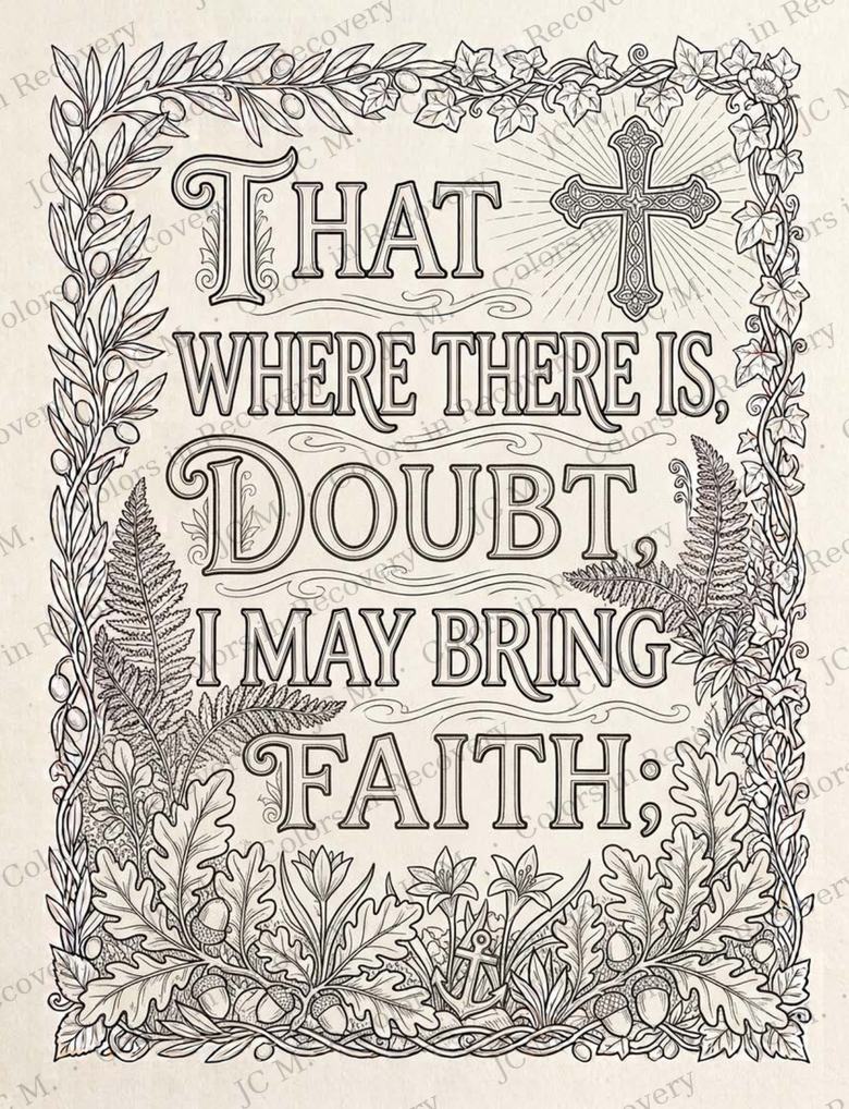 Line art of the line where there is doubt, I may bring faith, with a radiant cross.